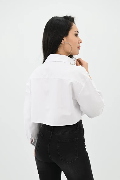 Kadın Yakası Taş Detaylı Crop Gömlek 1752-24 - 4