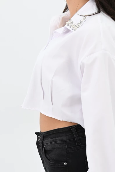 Kadın Yakası Taş Detaylı Crop Gömlek 1752-24 - 5