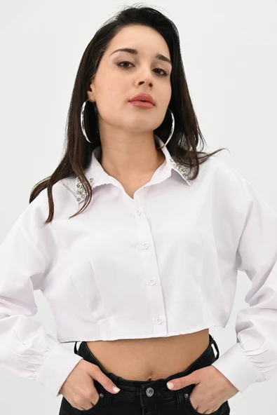 Kadın Yakası Taş Detaylı Crop Gömlek 1752-24 - 3