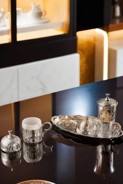 Ottoman Series Tepsili Gümüş Renkli Tek Kişilik Kahve Fincan Seti ve Su Bardağı 100 ml - 2
