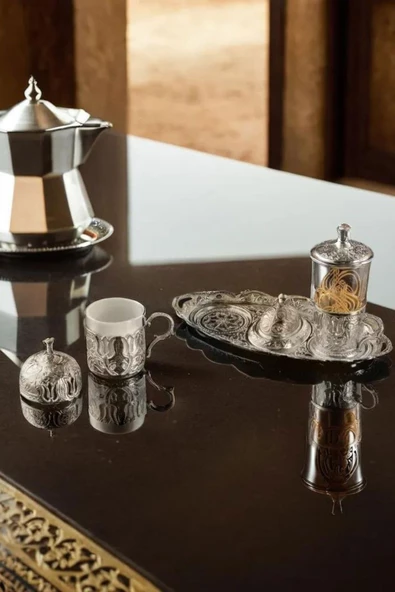 Ottoman Series Tepsili Gümüş Renkli Tek Kişilik Kahve Fincan Seti ve Su Bardağı 100 ml - 3