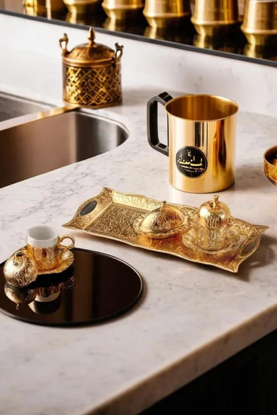 Ottoman Series Tepsili Altın Renkli Çift Kişilik Kahve Fincan Seti ve Lokumluk 100 ml - 2