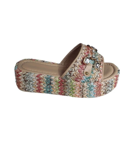 YAZKIŞ Kadın Hasır Renkli Dolgu Topuk Taşlı Terlik - Resim 4