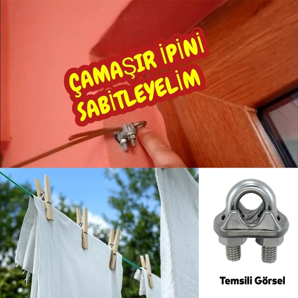 Çelik Halat Sıkma Sabitleme Klemensi 6 mm Çamaşır İpi Sıkma Bağlama Somunlu A Tipi Kelemens 4 Adet - 3
