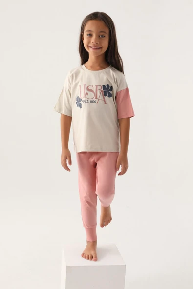 U.S. Polo Assn.1809 Lisanslı Rose Bej Kız Çocuk Pijama Takımı - 3