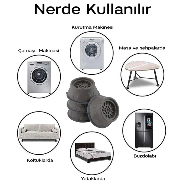 Çamaşır Bulaşık Makinası Beyaz Eşya Titreşim Önleyici Yükseltici Ayağı Altlığı Ayakları Gri 8 Adet - 3