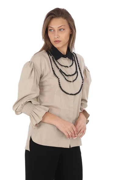 İnci Kolye İşlemeli Bluz 4704-Bej - 3