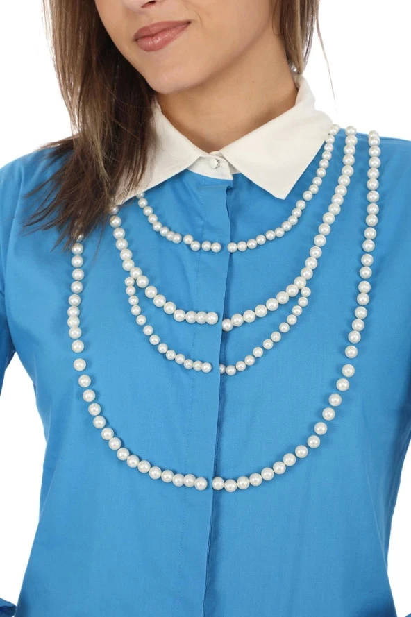 İnci Kolye İşlemeli Bluz 4704-Mavi - 4