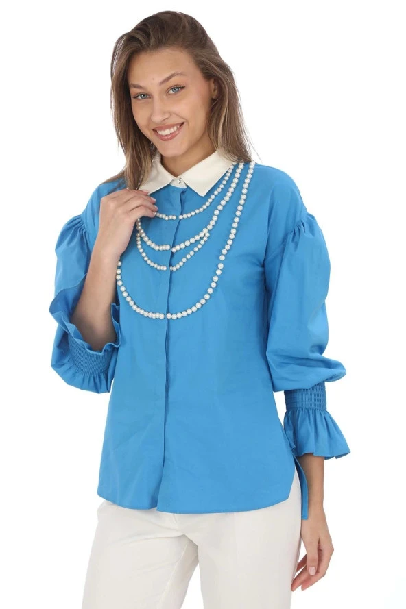 İnci Kolye İşlemeli Bluz 4704-Mavi - 2