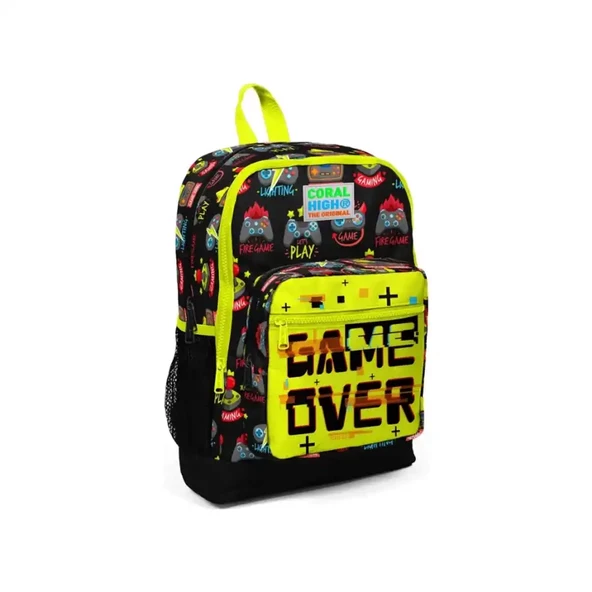 Coral High Kids Siyah Neon Sarı Game Over Desenli Dört Bölmeli Okul Sırt Çantası 23728