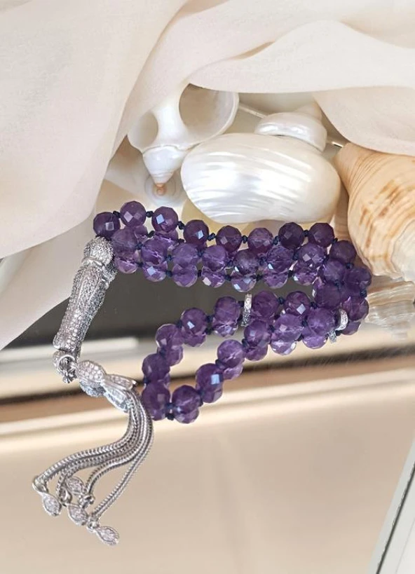 Tesbih Koleksiyonluk 925 Ayar Diamond Gümüş 33 lük Ametist Doğal Taş Faset Kesim 07 mm Tespih
