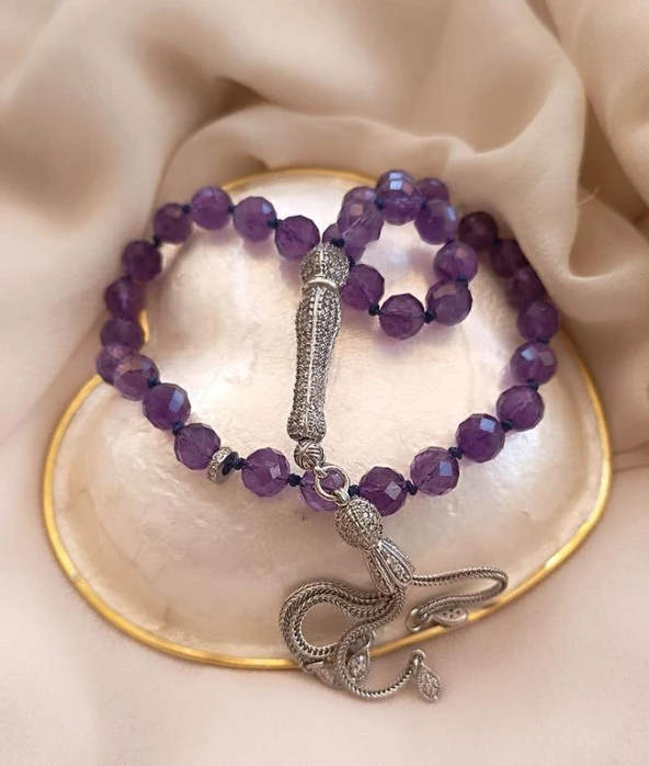 Tesbih Koleksiyonluk 925 Ayar Diamond Gümüş 33 lük Ametist Doğal Taş Faset Kesim 07 mm Tespih - 2