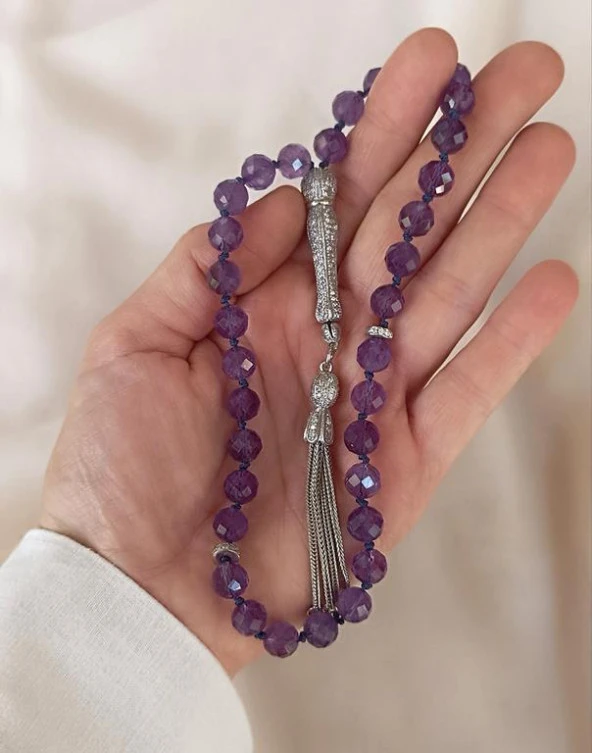 Tesbih Koleksiyonluk 925 Ayar Diamond Gümüş 33 lük Ametist Doğal Taş Faset Kesim 07 mm Tespih - 4