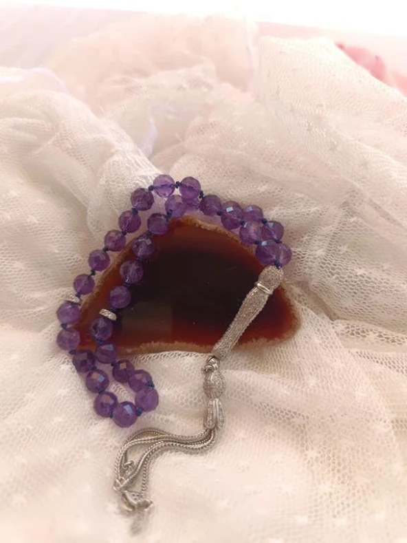 Tesbih Koleksiyonluk 925 Ayar Diamond Gümüş 33 lük Ametist Doğal Taş Faset Kesim 07 mm Tespih - 5