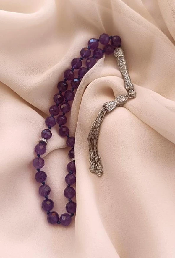 Tesbih Koleksiyonluk 925 Ayar Diamond Gümüş 33 lük Ametist Doğal Taş Faset Kesim 07 mm Tespih - 6