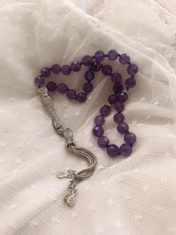 Tesbih Koleksiyonluk 925 Ayar Diamond Gümüş 33 lük Ametist Doğal Taş Faset Kesim 07 mm Tespih - 7