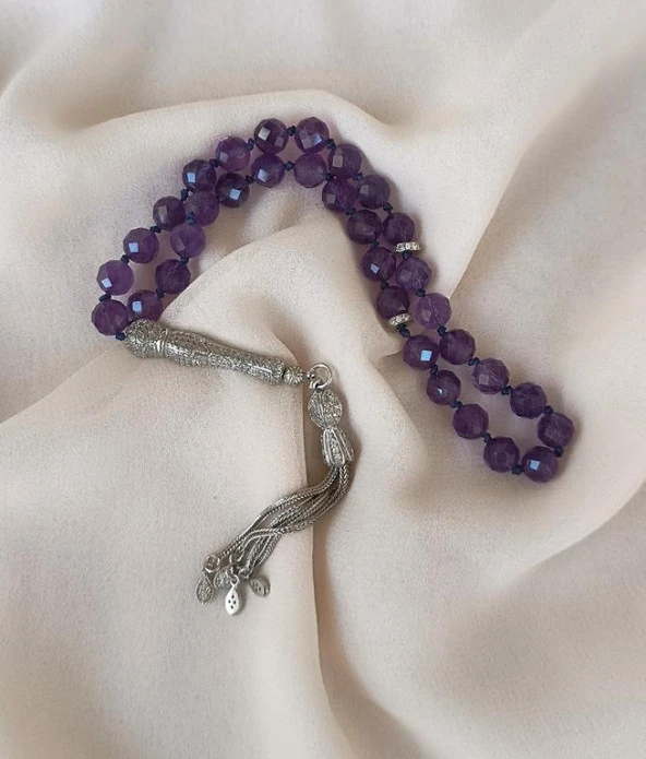 Tesbih Koleksiyonluk 925 Ayar Diamond Gümüş 33 lük Ametist Doğal Taş Faset Kesim 07 mm Tespih - 8