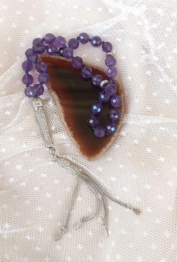 Tesbih Koleksiyonluk 925 Ayar Diamond Gümüş 33 lük Ametist Doğal Taş Faset Kesim 07 mm Tespih - 9