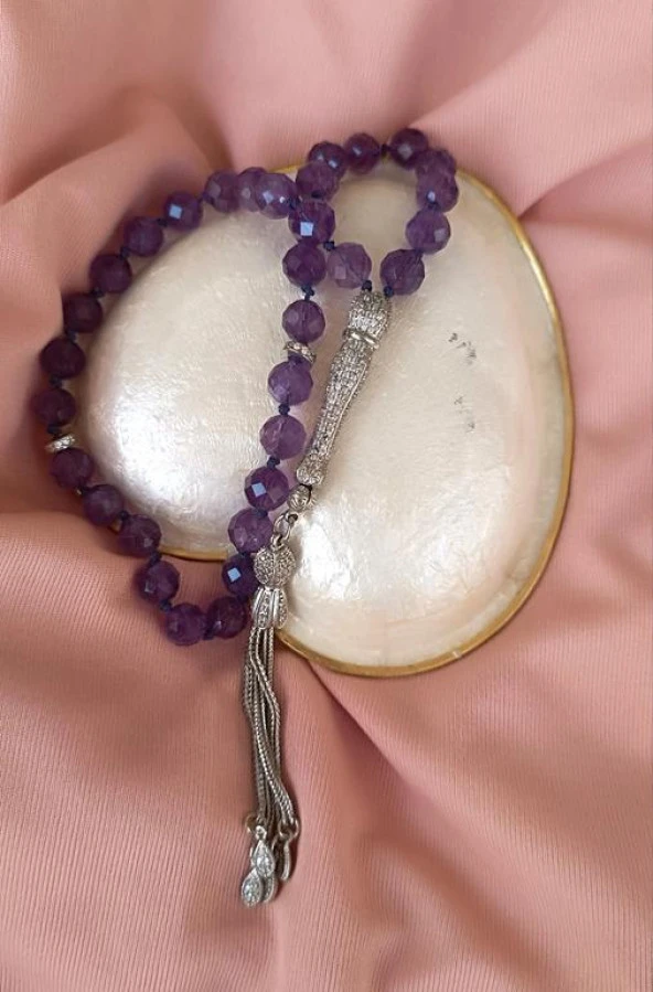 Tesbih Koleksiyonluk 925 Ayar Diamond Gümüş 33 lük Ametist Doğal Taş Faset Kesim 07 mm Tespih - 10