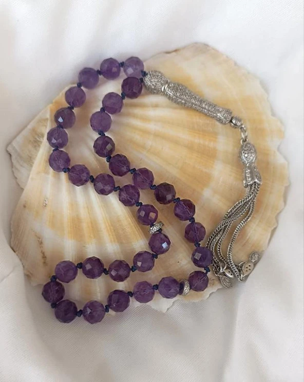 Tesbih Koleksiyonluk 925 Ayar Diamond Gümüş 33 lük Ametist Doğal Taş Faset Kesim 07 mm Tespih - 11