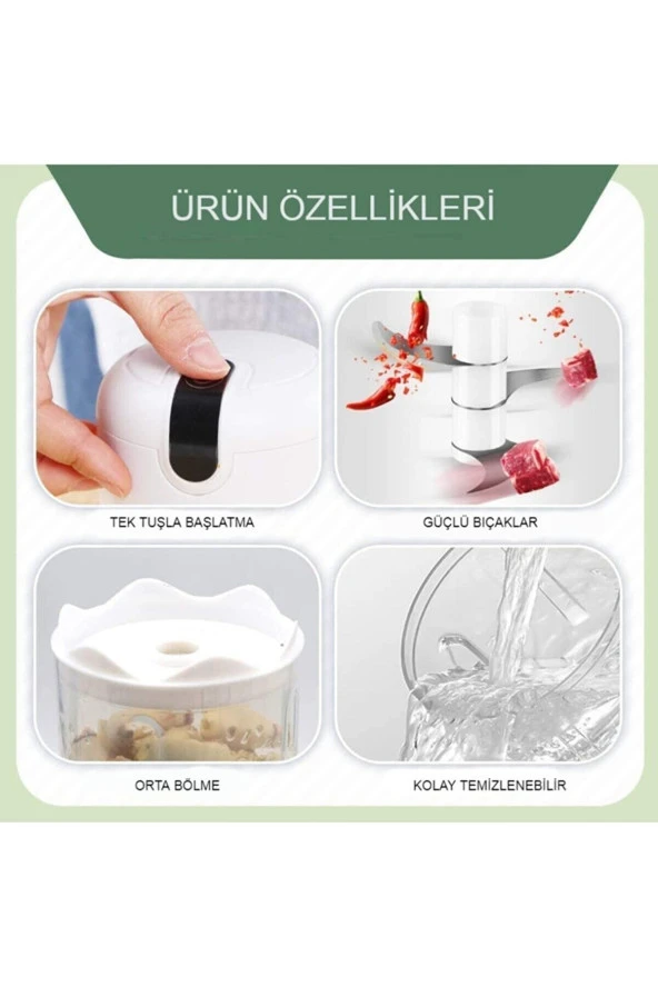 Yıkanabilir Çelik 3 Bıçaklı Şarjlı Pratik Mini El Rondosu 300 Ml