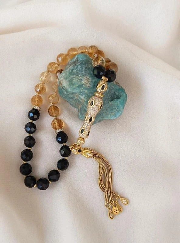 Tesbih Koleksiyonluk 925 Ayar Diamond Gümüş 33 lük Sitrin Obsidyen Doğal Taş Faset Kesim 07 mm Tespih - 2