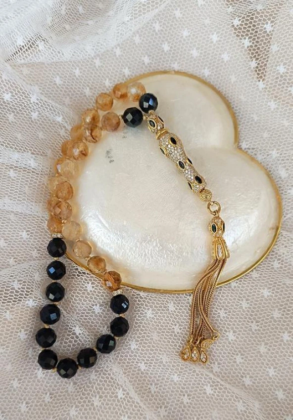 Tesbih Koleksiyonluk 925 Ayar Diamond Gümüş 33 lük Sitrin Obsidyen Doğal Taş Faset Kesim 07 mm Tespih - 3