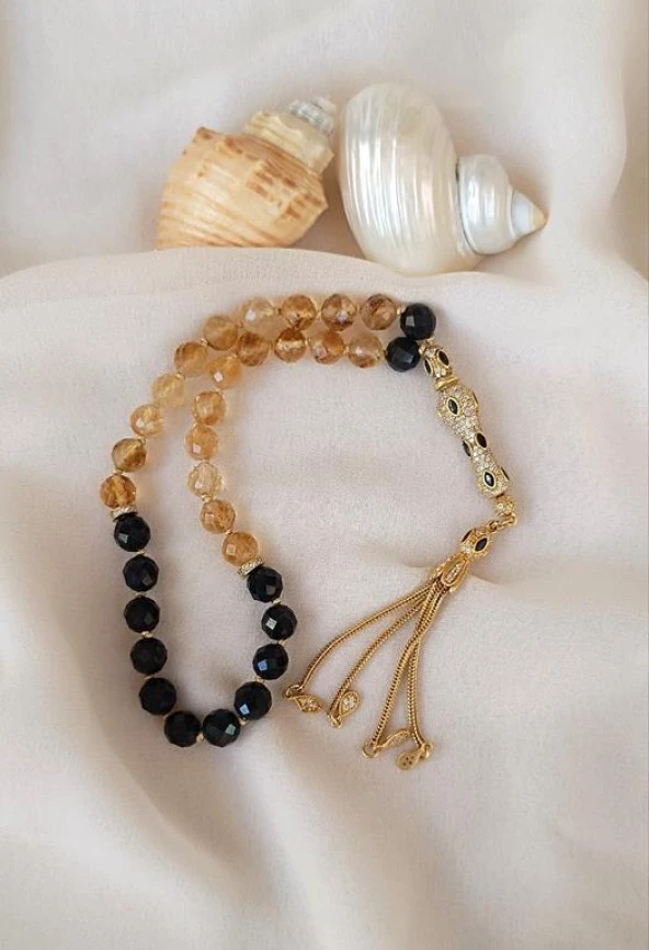 Tesbih Koleksiyonluk 925 Ayar Diamond Gümüş 33 lük Sitrin Obsidyen Doğal Taş Faset Kesim 07 mm Tespih - 5