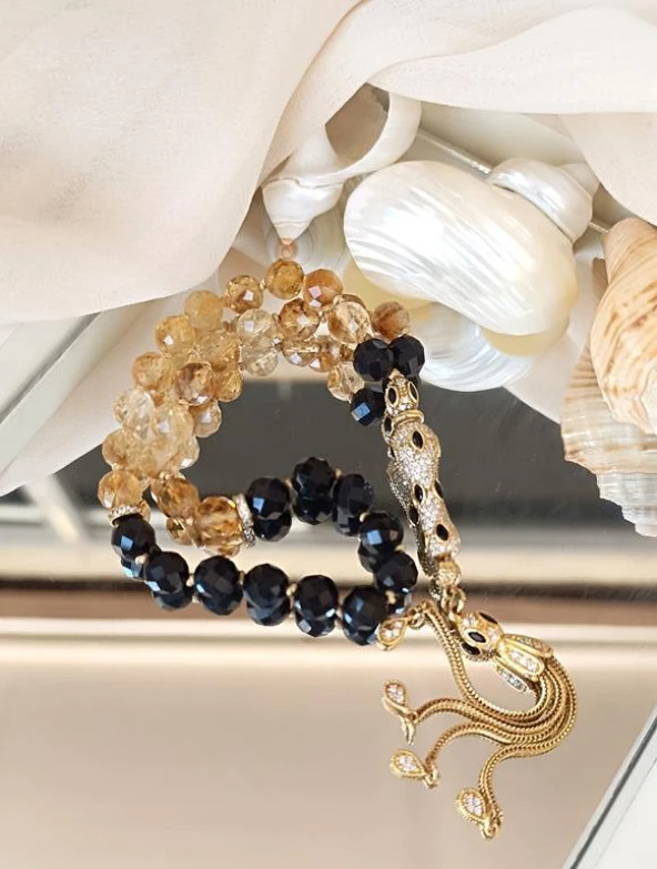 Tesbih Koleksiyonluk 925 Ayar Diamond Gümüş 33 lük Sitrin Obsidyen Doğal Taş Faset Kesim 07 mm Tespih - 6