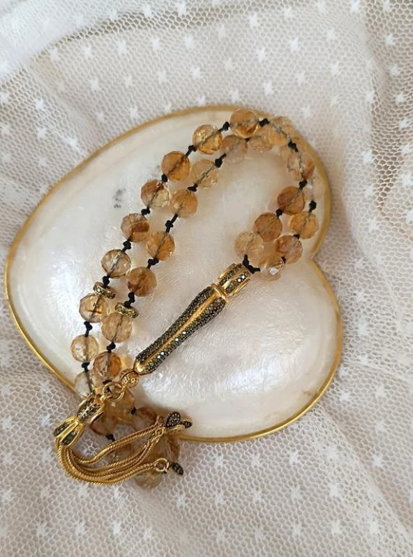 Tesbih Koleksiyonluk 925 Ayar Diamond Gümüş 33 lük Sitrin Doğal Taş Faset Kesim 07 mm Tespih