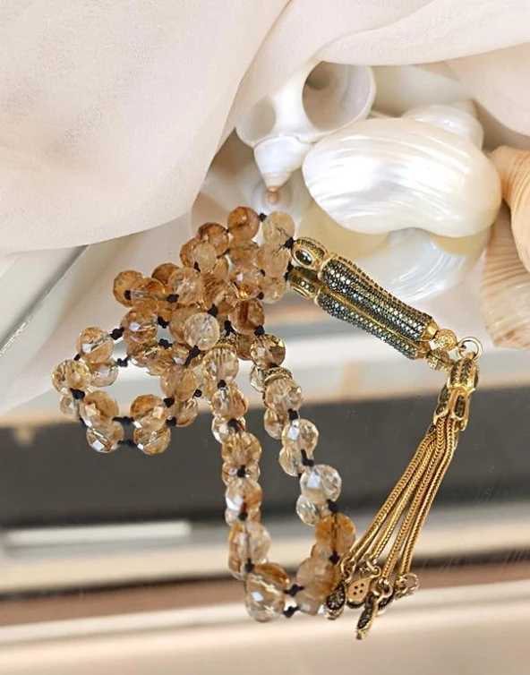 Tesbih Koleksiyonluk 925 Ayar Diamond Gümüş 33 lük Sitrin Doğal Taş Faset Kesim 07 mm Tespih - 2