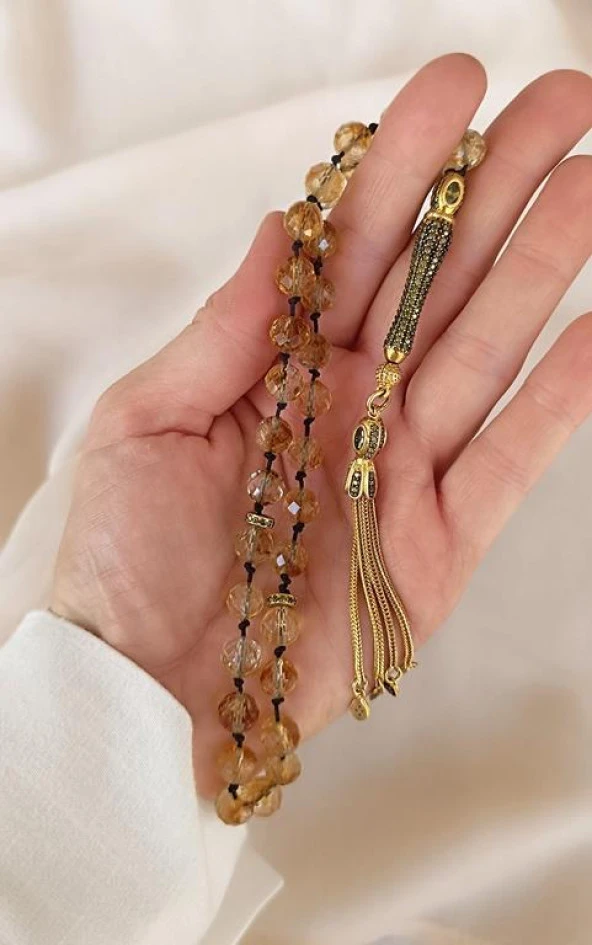 Tesbih Koleksiyonluk 925 Ayar Diamond Gümüş 33 lük Sitrin Doğal Taş Faset Kesim 07 mm Tespih - 3