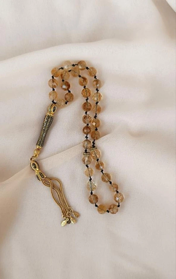 Tesbih Koleksiyonluk 925 Ayar Diamond Gümüş 33 lük Sitrin Doğal Taş Faset Kesim 07 mm Tespih - 4