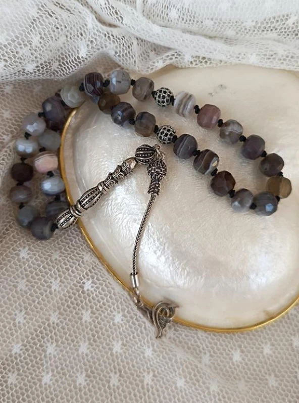 Tesbih Koleksiyonluk 925 Ayar Gümüş 33 lük Botswana Akik Doğal Taş Faset Kesim Tespih - 2