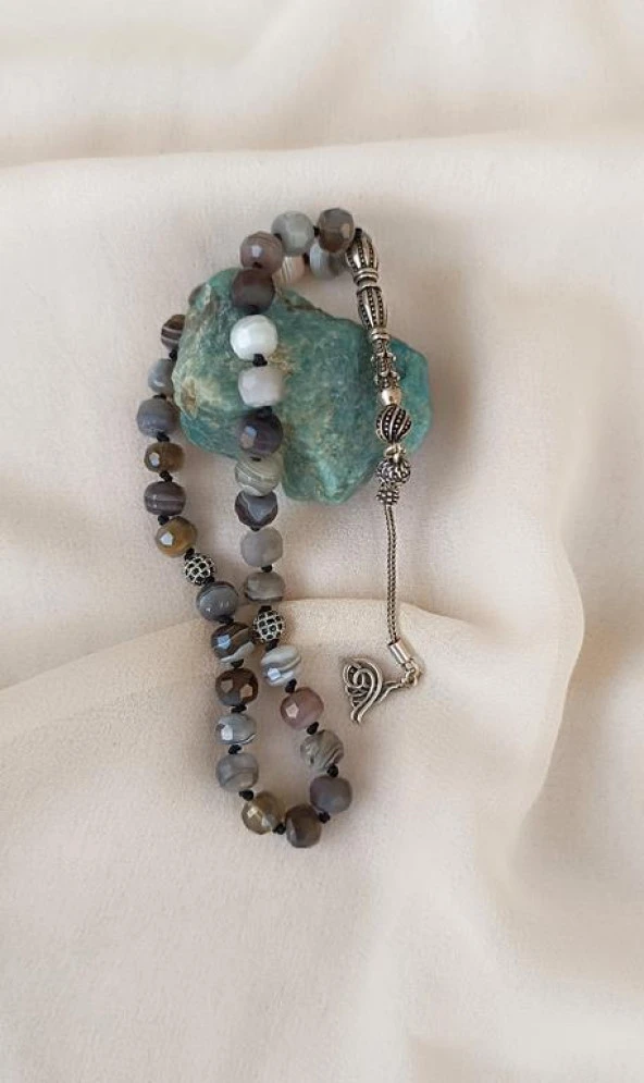 Tesbih Koleksiyonluk 925 Ayar Gümüş 33 lük Botswana Akik Doğal Taş Faset Kesim Tespih - 5