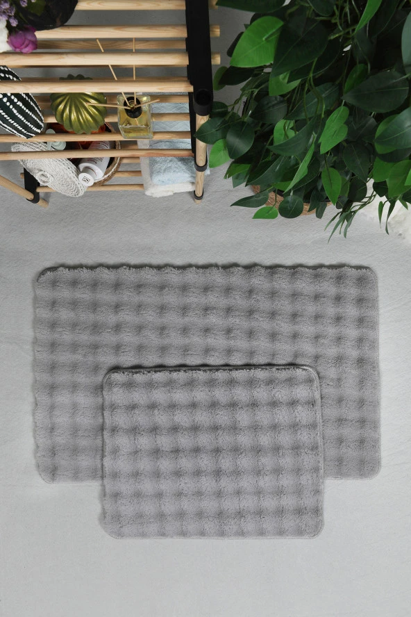 Modern Bubble Yıkanabilir Kaymaz Peluş Banyo Paspası Halısı 2'li Klozet Takımı 50X80-50x40cm Gri - 2