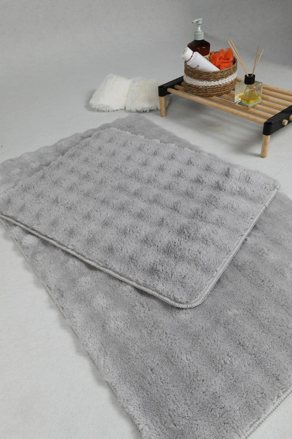 Modern Bubble Yıkanabilir Kaymaz Peluş Banyo Paspası Halısı 2'li Klozet Takımı 50X80-50x40cm Gri - 5