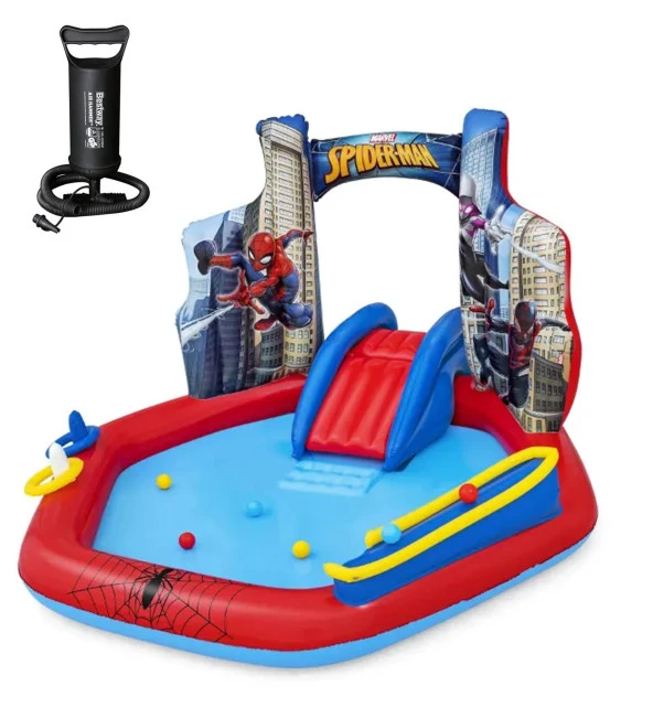 62002 Pompalı-Bestway 98793 Spiderman Temalı Kaydıraklı Fıskiyeli AquaPark Şişme Eğlence Havuzu, 211x206x127cm