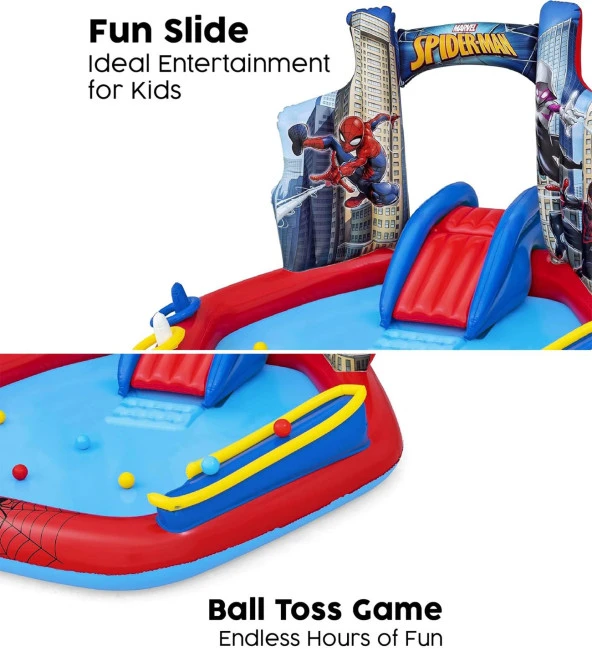 62002 Pompalı-Bestway 98793 Spiderman Temalı Kaydıraklı Fıskiyeli AquaPark Şişme Eğlence Havuzu, 211x206x127cm - 9