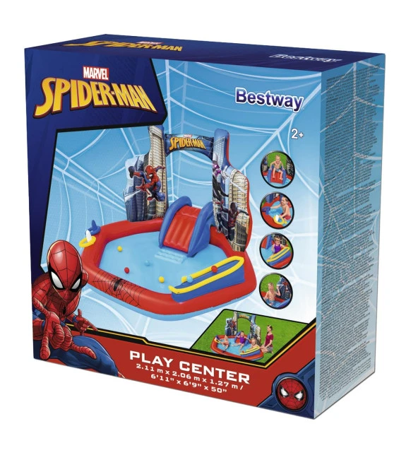 62002 Pompalı-Bestway 98793 Spiderman Temalı Kaydıraklı Fıskiyeli AquaPark Şişme Eğlence Havuzu, 211x206x127cm - 11