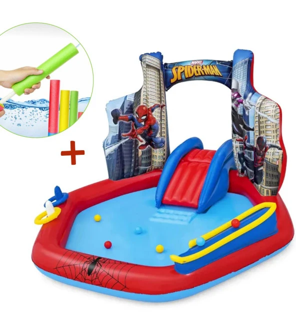 Su Pompalı-Bestway 98793 Spiderman Temalı Kaydıraklı Fıskiyeli AquaPark Şişme Eğlence Havuzu