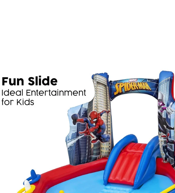 Su Pompalı-Bestway 98793 Spiderman Temalı Kaydıraklı Fıskiyeli AquaPark Şişme Eğlence Havuzu - 8