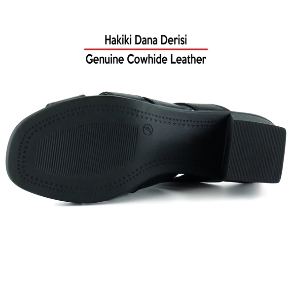 Erkan Saçmacı Bianca Siyah Hakiki Dana Derisi Önü Açık Kesik Detaylı Kalın Topuklu Günlük Terlik - Resim 5