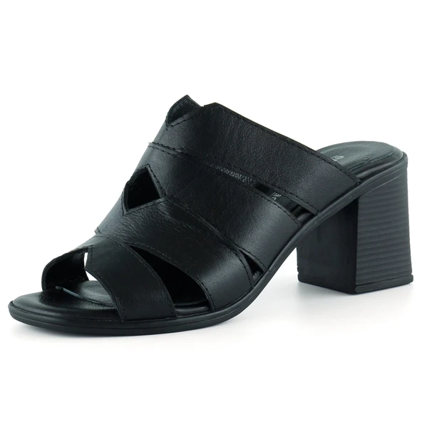 Erkan Saçmacı Bianca Siyah Hakiki Dana Derisi Önü Açık Kesik Detaylı Kalın Topuklu Günlük Terlik ürün görseli