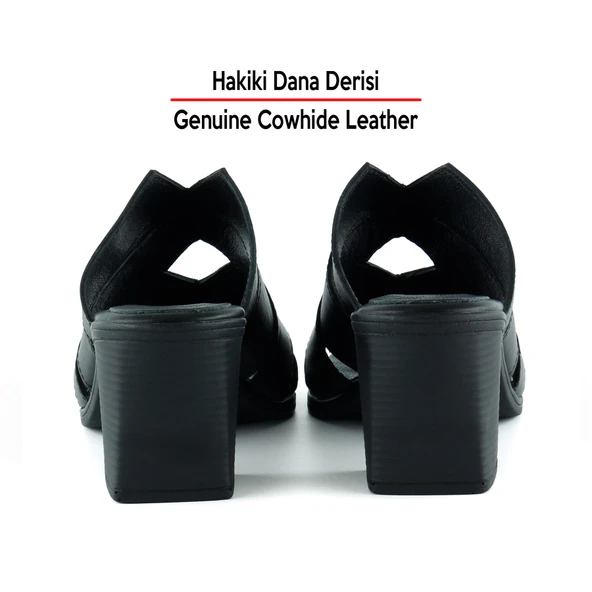 Erkan Saçmacı Bianca Siyah Hakiki Dana Derisi Önü Açık Kesik Detaylı Kalın Topuklu Günlük Terlik - Resim 4
