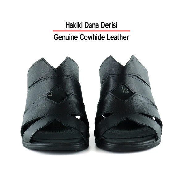 Erkan Saçmacı Bianca Siyah Hakiki Dana Derisi Önü Açık Kesik Detaylı Kalın Topuklu Günlük Terlik - Resim 3