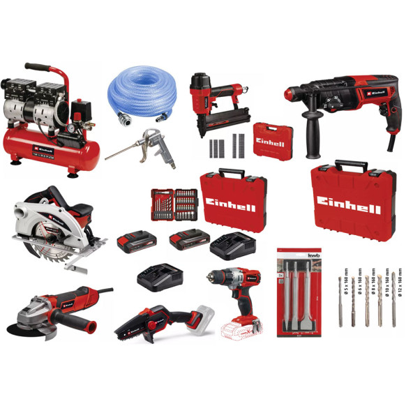 EINHELL KAR. SET TE-AC 6 Sessiz + TC-PN 50 + TC-RH 800 4F + TC-CS 1410 + TE-AG 125/1010 CE Q + GE-PS 18/15 + TE-CD 18/2 + AKSESUARLAR