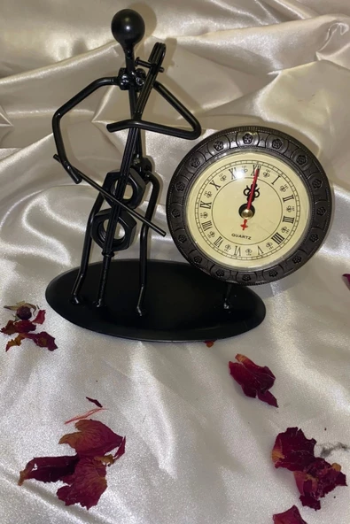 Müzisyen Metal Saat El Yapımı Büro Masa Saat Biblo Viyolonsel - Resim 5
