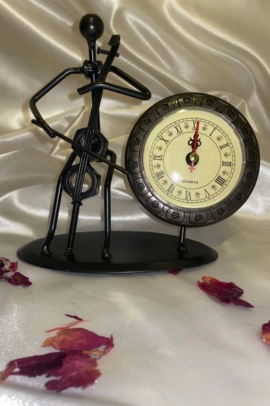 Müzisyen Metal Saat El Yapımı Büro Masa Saat Biblo Viyolonsel - Resim 2