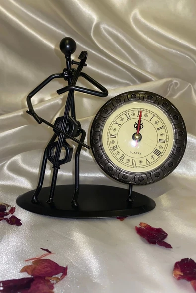 Müzisyen Metal Saat El Yapımı Büro Masa Saat Biblo Viyolonsel - Resim 3